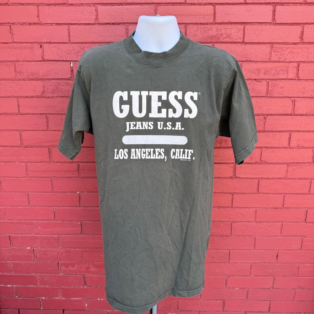 Vintage 1993 Guess Jeans USA Shirt Mens Medium Olive Green‎ Single Stitch USA